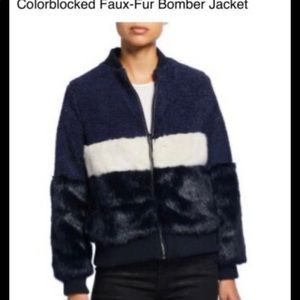 Sage Collective Faux Fur Size Medium Blue and Cream Color block Bomber Jacket